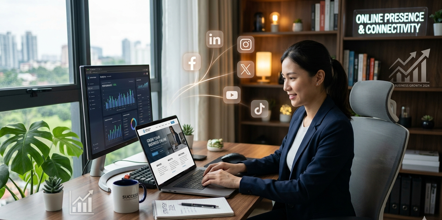 Business workspace showing a website on a computer with social media icons, representing online presence and business growth