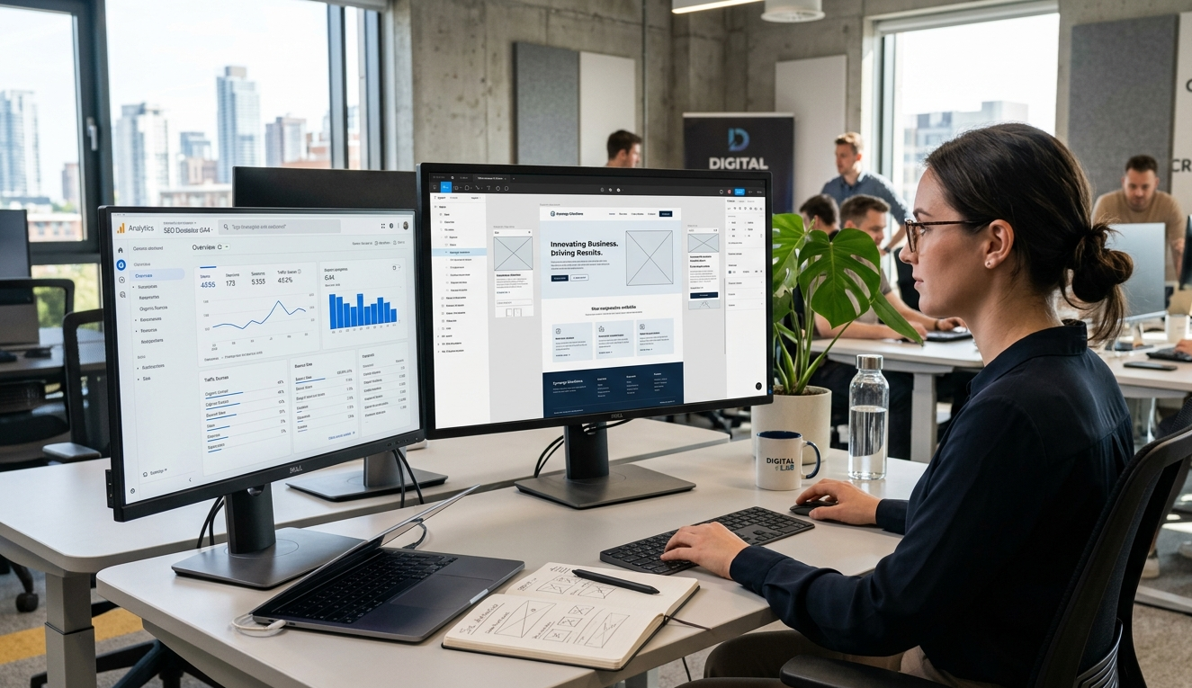 Professional website designer creating modern responsive business website with SEO analytics dashboard in digital agency office