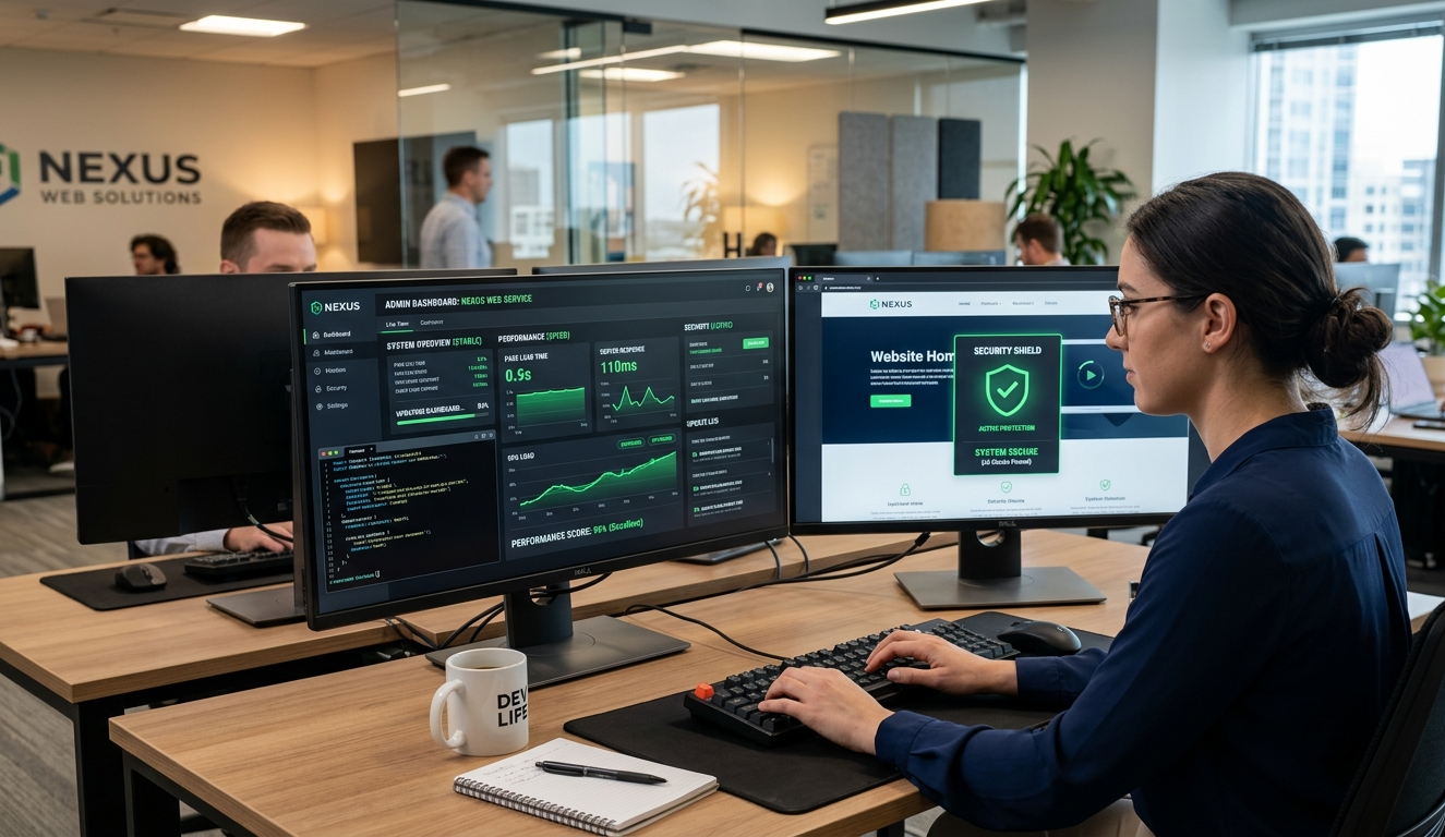 Website maintenance concept showing developer managing business website updates, security, and performance optimization