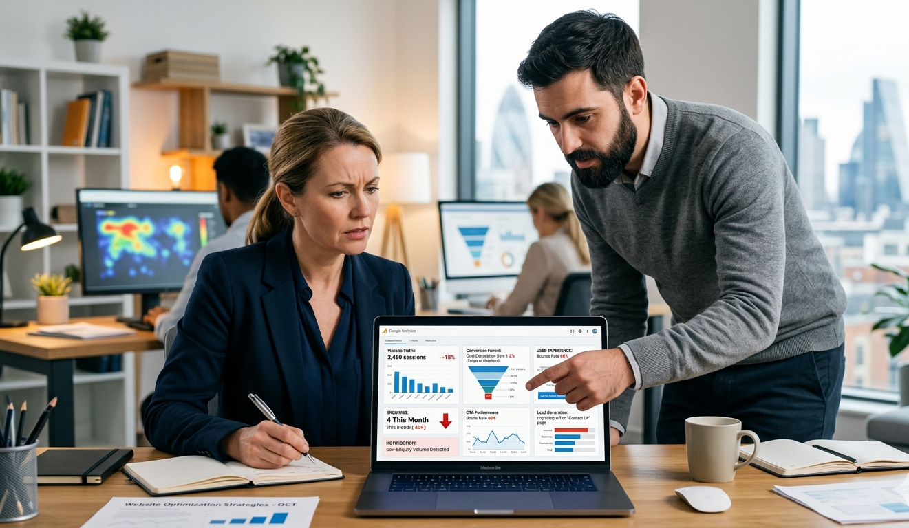 Business owner analyzing why a website is not generating enquiries and improving website conversion performance.