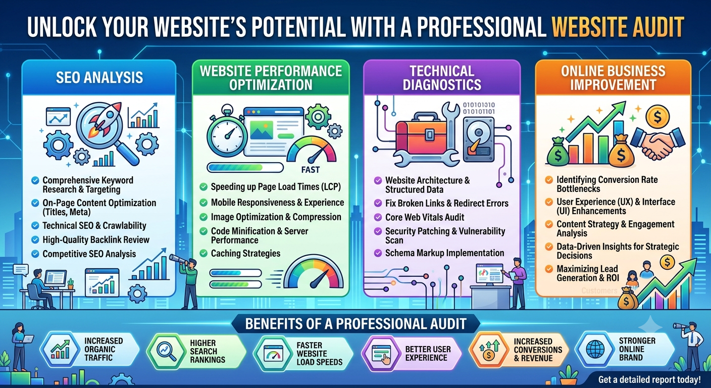 Professional website audit showing SEO analysis, website performance optimization, technical diagnostics, and online business improvement.