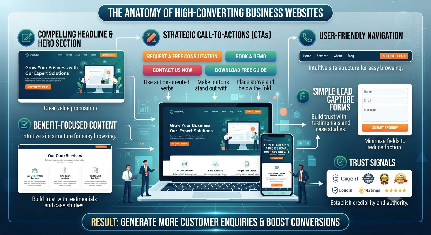Professional business website featuring clear call-to-action buttons designed to improve website conversions and generate more customer enquiries.