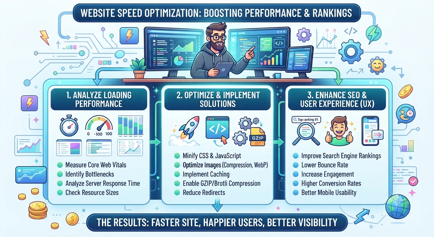 Website developer analysing website speed optimization to improve loading=
